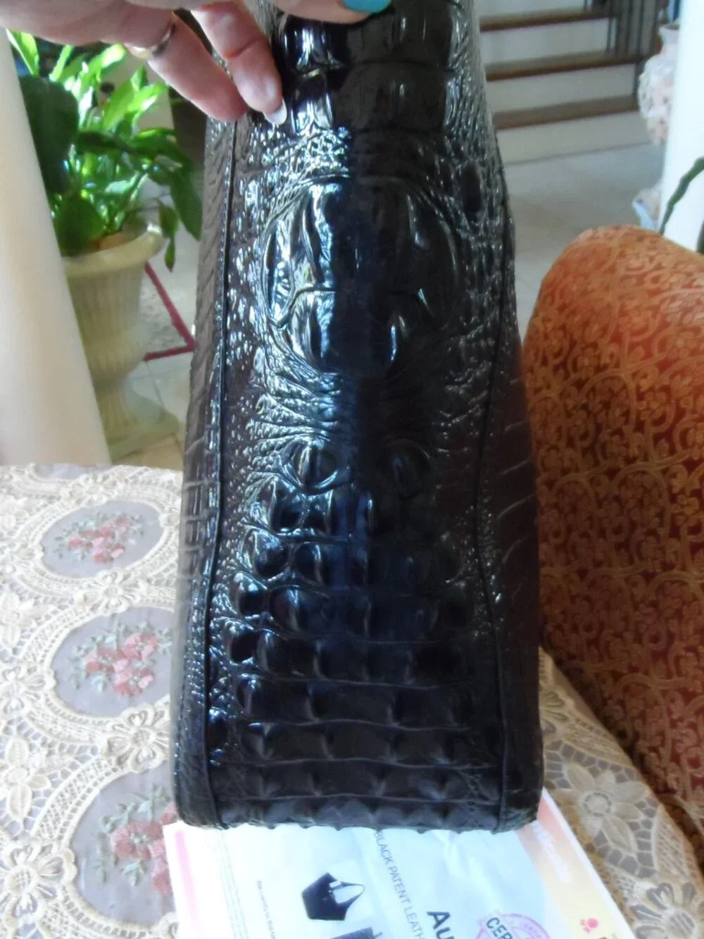 New Brahmin Black Patent Croc Embossed Iona Large Tote Bag - Picture 7 of 16